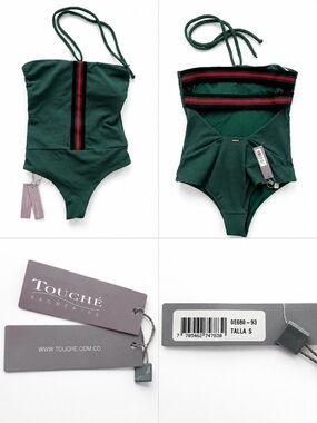 Touché Balnéaire Green Striped Halter One Piece Swimsuit NWT Size S